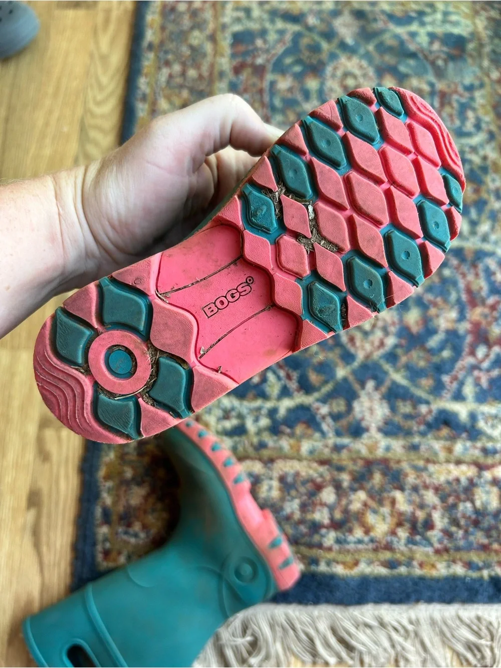 Bogs Kids Teal Rain Boots with Pink Soles